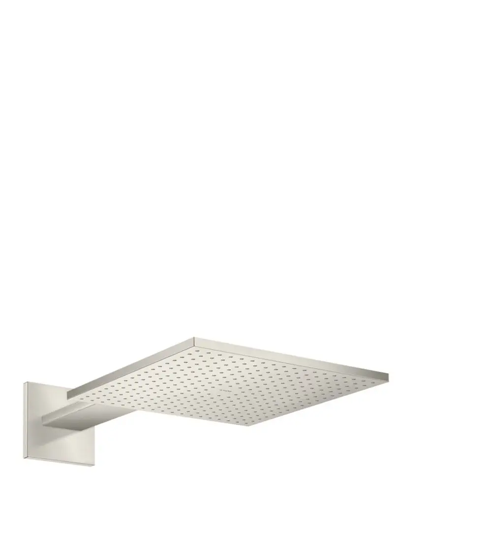 Edelstahl Kopfbrause mit rechteckiger Form und perforierter Oberfläche, montiert an einem kurzen Brausearm. Produkt von AXOR.